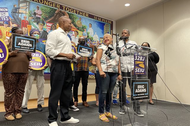 Eric Adams, the Democratic mayoral nominee, held a press conference in late June at the Manhattan headquarters for 32BJ.